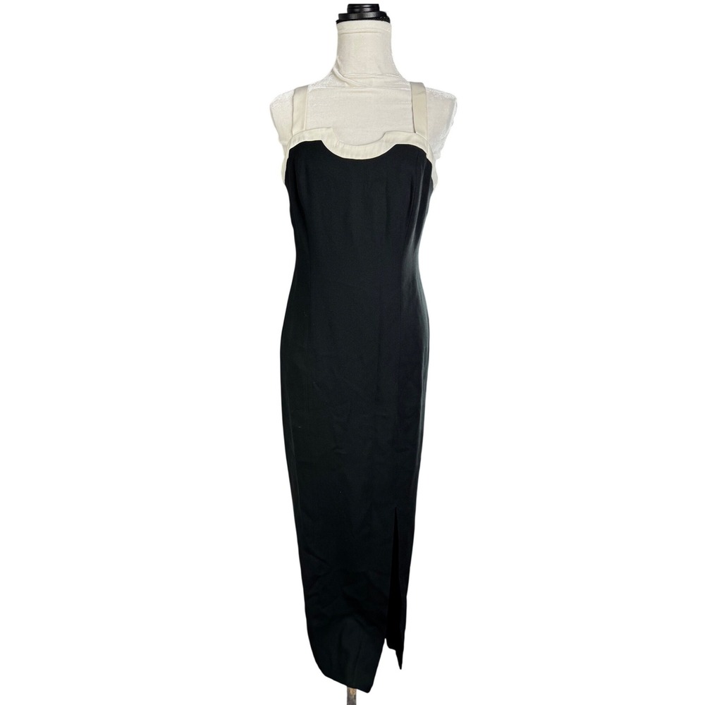 Liz Claiborne Night Black Cream Contrast Column Gown Maxi Dress Vintage Size 8